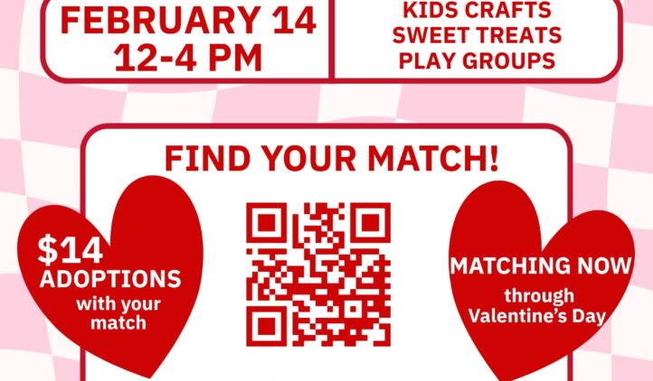 Flyer for Whiskers and Wags: Love is Blind Edition pet adoption event on February 14, 12-4 PM, at Nassau Humane Society, with $14 adoptions, activities, and a QR code to find your pet match.
