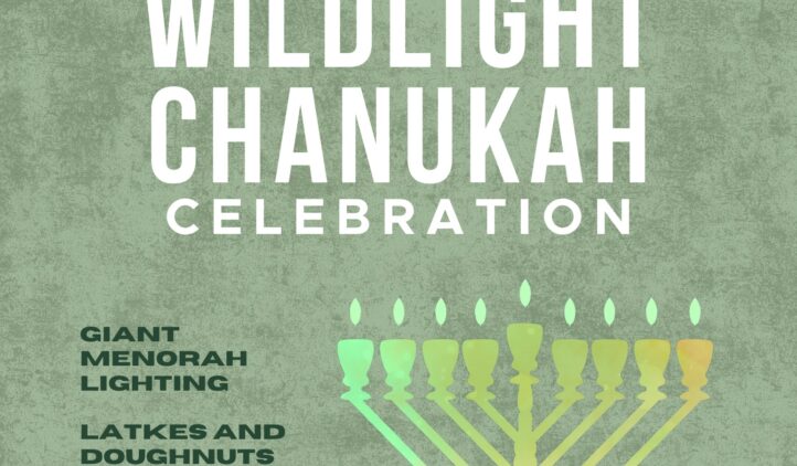 Green and gold Chanukah menorah with text: “Wildlight Chanukah Celebration. Giant menorah lighting, latkes and doughnuts, festive music, crafts for kids.” Chabad logo at the top left.