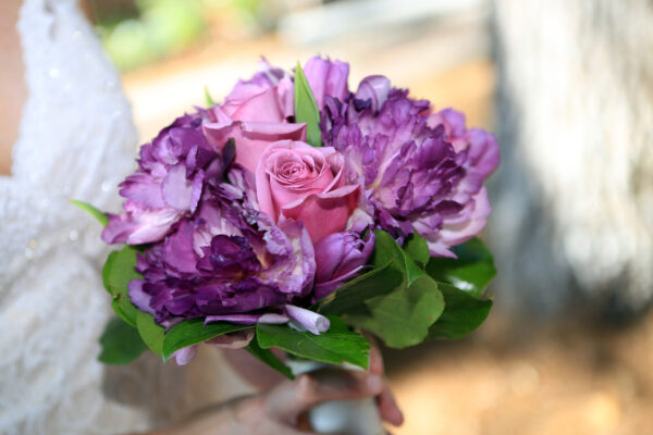 A close-up of a hand holding a bouquet of pink roses and purple flowers with green leaves, against an outdoor background with a tree trunk and dappled sunlight.