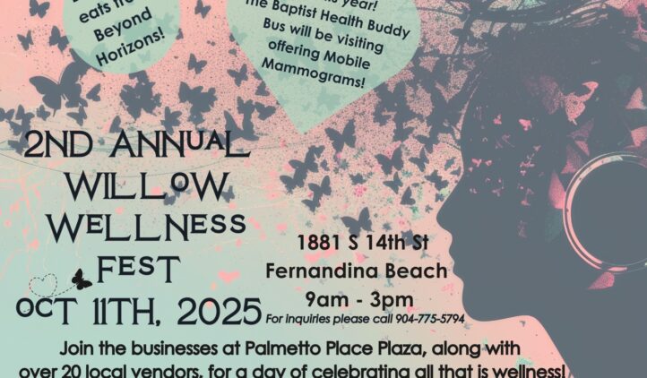 A colorful flyer for the 2nd Annual Willow Wellness Fest on Oct 11th, 2025, promoting breast cancer awareness. Details include time, place, activities, food, music, raffles, and a mobile mammogram bus. Icons and positive phrases decorate the flyer.