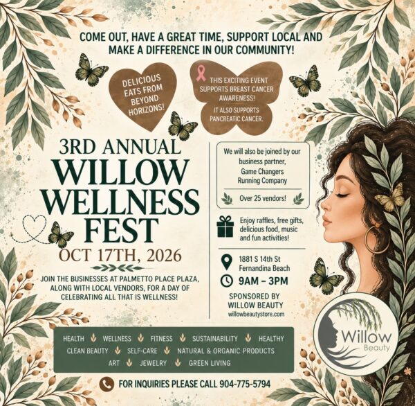 Flyer for the 3rd Annual Willow Wellness Fest on October 17, 2026, at Palmetto Place Plaza, featuring local vendors, raffles, and support for breast and pancreatic cancer awareness.