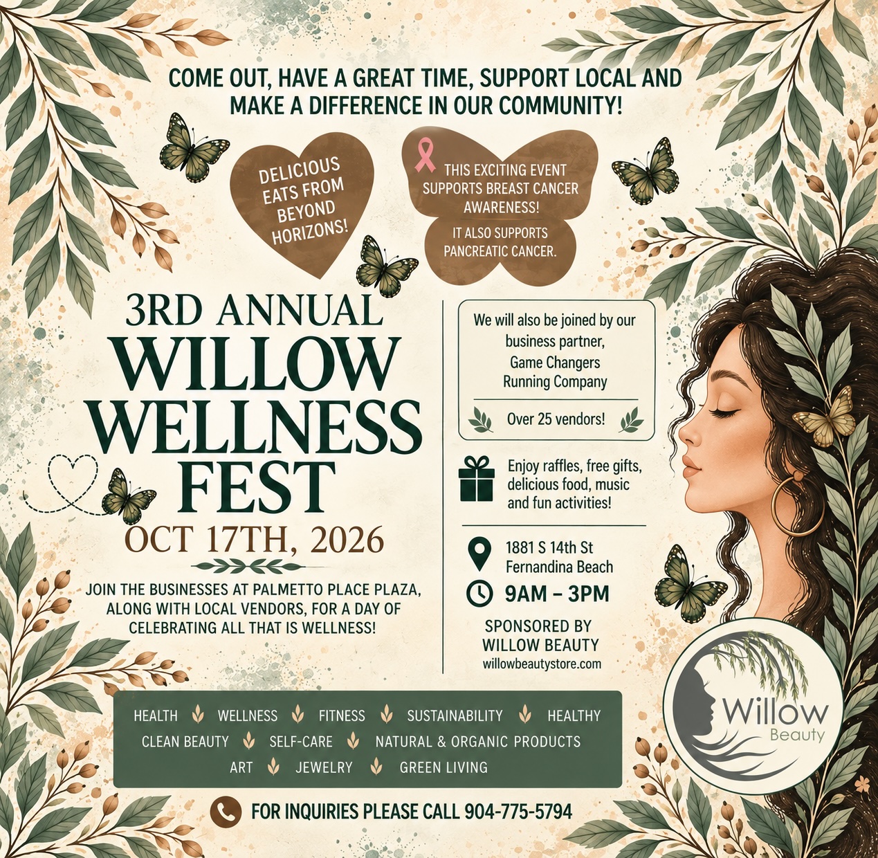 Flyer for the 3rd Annual Willow Wellness Fest on October 17, 2026, at Palmetto Place Plaza, featuring local vendors, raffles, and support for breast and pancreatic cancer awareness.