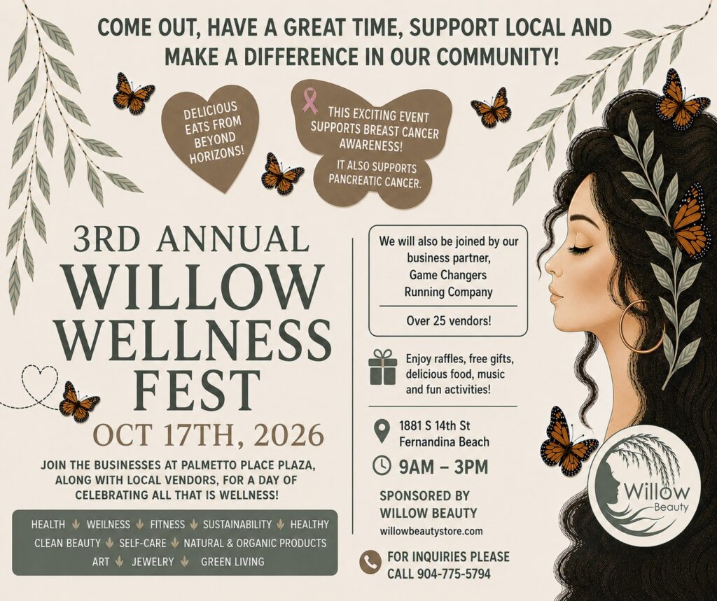 A wellness festival flyer featuring a woman with long hair, butterflies, event details, sponsor logos, and information about activities, vendors, raffles, and breast cancer awareness on October 17, 2026.