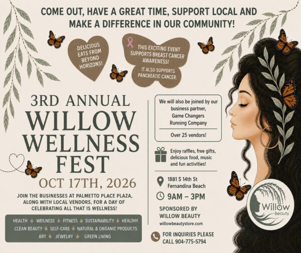 A wellness festival flyer featuring a woman with long hair, butterflies, event details, sponsor logos, and information about activities, vendors, raffles, and breast cancer awareness on October 17, 2026.