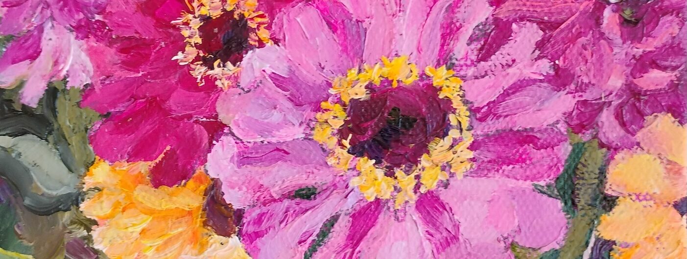 A vibrant painting of pink, purple, orange, and yellow flowers with green leaves. The brushstrokes create a textured, lively bouquet against a soft green background.