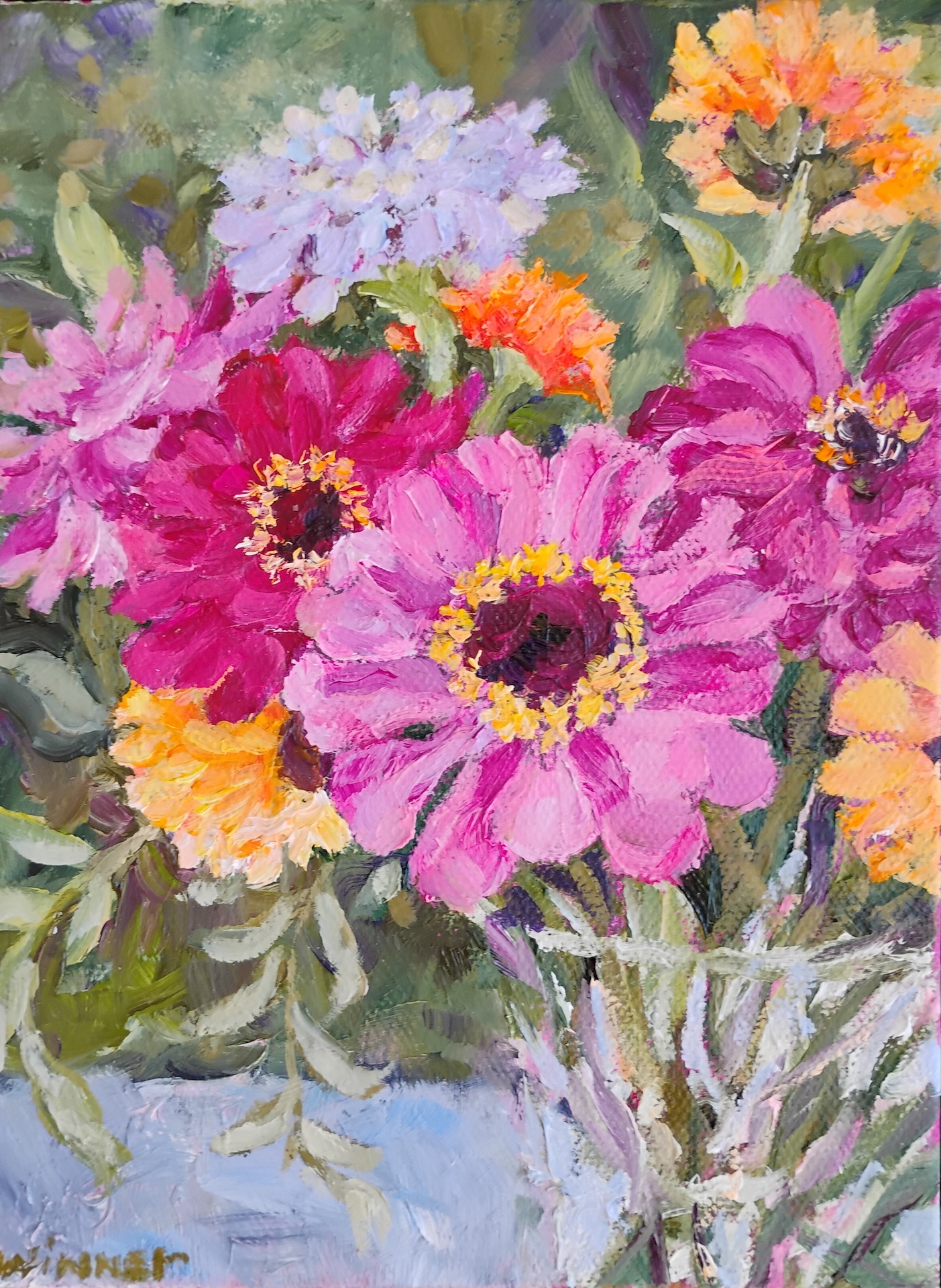 A vibrant painting of pink, purple, orange, and yellow flowers with green leaves. The brushstrokes create a textured, lively bouquet against a soft green background.