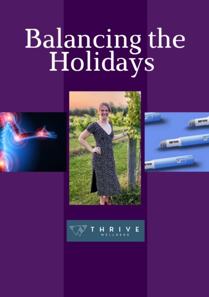 A smiling woman stands in a vineyard, surrounded by images of an inflamed arm, medical insulin pens, and the Thrive Wellness logo. The text reads, Balancing the Holidays on a purple background.