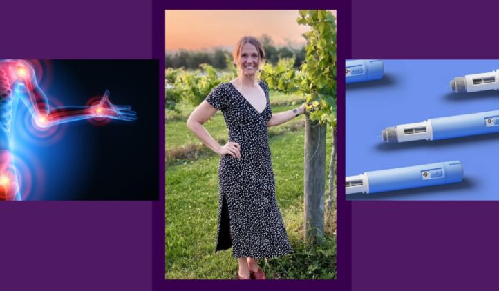 A smiling woman stands in a vineyard, surrounded by images of an inflamed arm, medical insulin pens, and the Thrive Wellness logo. The text reads, Balancing the Holidays on a purple background.