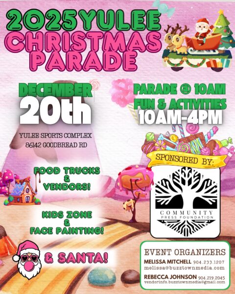 Colorful flyer for the 2025 Yulee Christmas Parade on December 20th at Yulee Sports Complex, featuring candy, Santa, and festive graphics. Parade at 10 AM, fun and activities 10 AM–4 PM, with food trucks, vendors, and face painting.