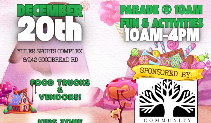 Colorful flyer for the 2025 Yulee Christmas Parade on December 20th at Yulee Sports Complex, featuring candy, Santa, and festive graphics. Parade at 10 AM, fun and activities 10 AM–4 PM, with food trucks, vendors, and face painting.