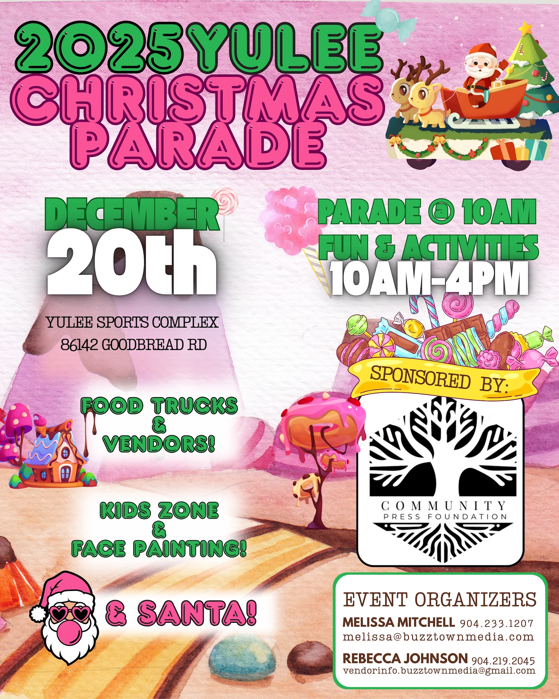 Colorful flyer for the 2025 Yulee Christmas Parade on December 20th at Yulee Sports Complex, featuring candy, Santa, and festive graphics. Parade at 10 AM, fun and activities 10 AM–4 PM, with food trucks, vendors, and face painting.