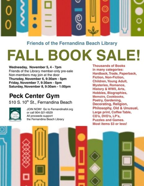 Flyer for the Fernandina Beach Library Fall Book Sale with dates, times, location, and a list of book categories. Background has colorful rectangles and book icons. All proceeds benefit the Fernandina Beach Library.