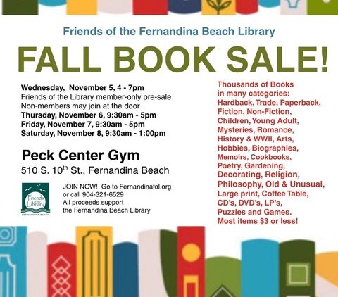 Flyer for the Fernandina Beach Library Fall Book Sale with dates, times, location, and a list of book categories. Background has colorful rectangles and book icons. All proceeds benefit the Fernandina Beach Library.
