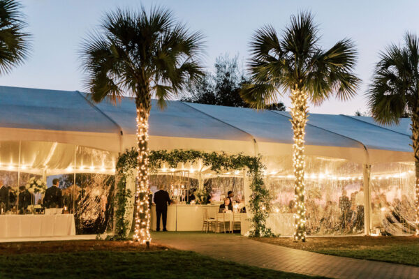 Outdoor evening event under a clear tent decorated with string lights and greenery. Palm trees wrapped in lights frame the scene; guests are gathered near tables and a bar inside the softly lit tent.