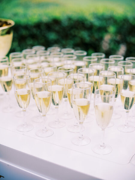 Rows of filled champagne glasses are arranged neatly on a white table, with a blurred green background.