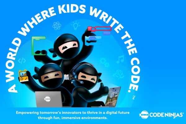 Three cartoon ninjas use tech devices like a laptop, game controller, and tablet, surrounded by digital icons. Above them: A World Where Kids Write the Code. Bottom: Code Ninjas logo and tagline about empowering young innovators.