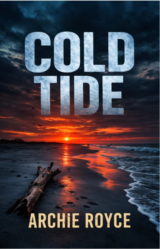 A dramatic sunset over a beach with dark clouds, waves washing ashore, and a driftwood log in the sand. The text reads COLD TIDE at the top and ARCHIE ROYCE at the bottom.