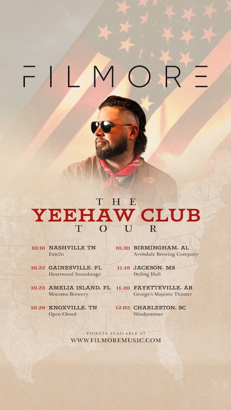 Poster for Filmores The Yeehaw Club Tour featuring Filmore in sunglasses in front of an American flag, with tour dates and locations listed for October and November.
