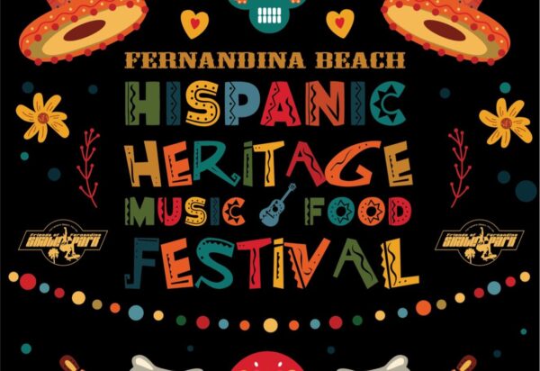 Colorful poster for Fernandina Beach Hispanic Heritage Music Food Festival with vibrant text, guitars, sombreros, flowers, hearts, and decorative patterns on a black background.