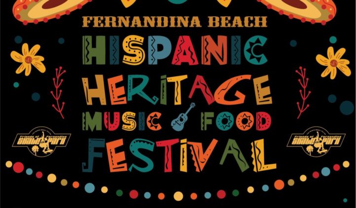 Colorful poster for Fernandina Beach Hispanic Heritage Music Food Festival with vibrant text, guitars, sombreros, flowers, hearts, and decorative patterns on a black background.