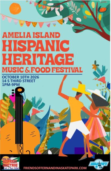Colorful poster for the Amelia Island Hispanic Heritage Music & Food Festival on October 10, 2026, featuring two people dancing, musical notes, a guitar, and tropical plants in vibrant hues. Event details are included.