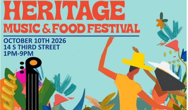 Colorful poster for the Amelia Island Hispanic Heritage Music & Food Festival on October 10, 2026, featuring two people dancing, musical notes, a guitar, and tropical plants in vibrant hues. Event details are included.