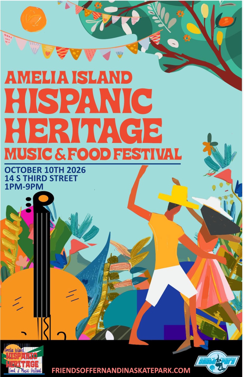 Colorful poster for the Amelia Island Hispanic Heritage Music & Food Festival on October 10, 2026, featuring two people dancing, musical notes, a guitar, and tropical plants in vibrant hues. Event details are included.