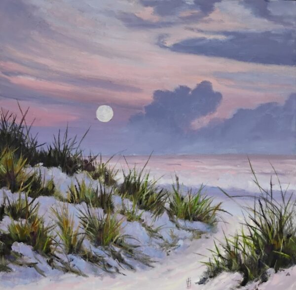 Oil painting of a moonlit beach with grassy sand dunes under a dusky pink and purple sky.
