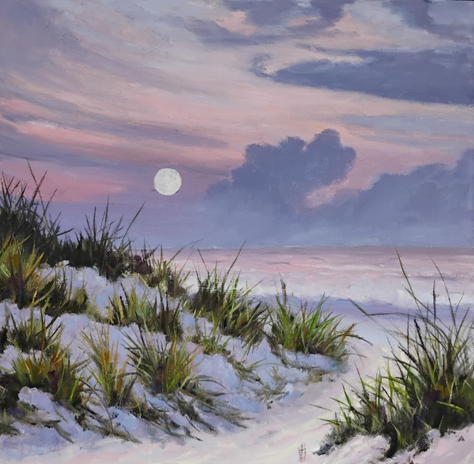 Oil painting of a moonlit beach with grassy sand dunes under a dusky pink and purple sky.