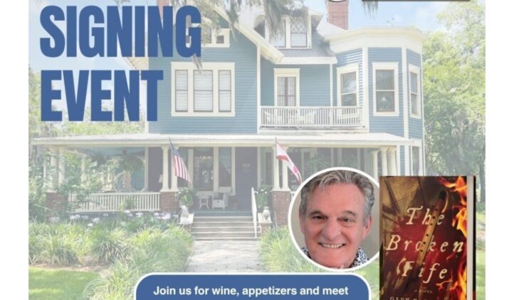 Flyer for a book signing event at Hoyt House featuring Gary Demack, author of The Broken File, with a photo of Demack, the book cover, and a Victorian house. Event on July 23, 2025, from 4:30–6:00 pm in Amelia Island, FL.