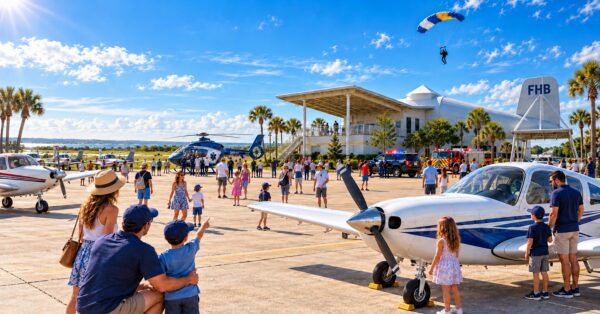 Families watch planes and helicopters on an airport tarmac during an outdoor event. A skydiver descends with a parachute, and emergency vehicles and palm trees are visible under a sunny, blue sky.