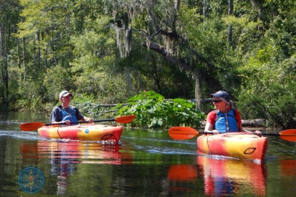 Two people in colorful kayaks paddle on a calm, tree-lined river, wearing life jackets and hats, with green foliage and mossy branches in the background.