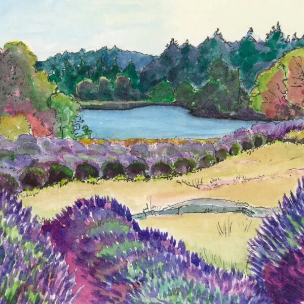 Watercolor landscape of a serene lake surrounded by trees, grassy hills, and vibrant purple and green bushes in the foreground under a clear sky.