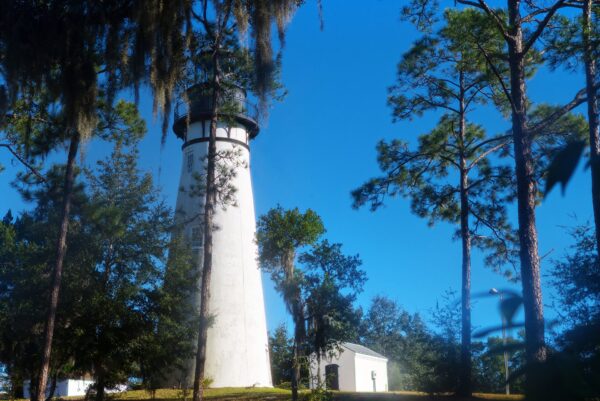 A tall white lighthouse stands among trees with hanging moss under a clear blue sky; a small white building sits nearby, surrounded by greenery.