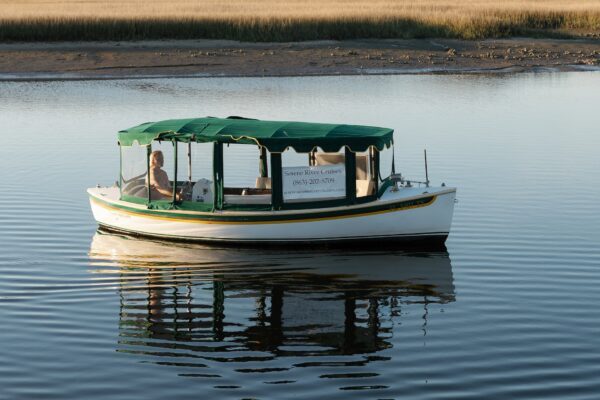 A small white boat with a green canopy floats on calm water. A person sits at the front, and a sign on the side reads Scenic River Cruises with a phone number. Grassy land is visible in the background.
