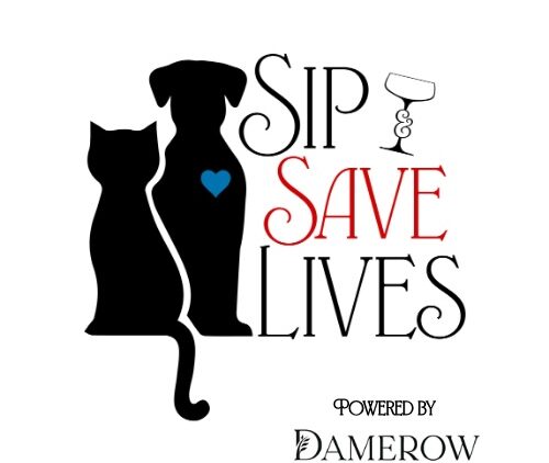 Silhouettes of a cat and dog, with a blue heart on the dog, next to the words “Sip Save Lives.” “Powered by Damerow Charitable Trust” is below, and a wine glass replaces the letter “I” in “SIP.”.