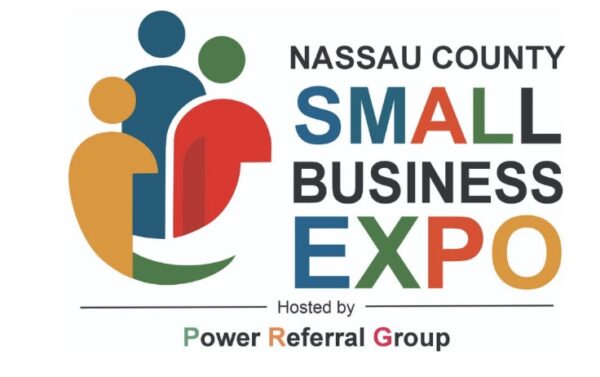 Logo for the Nassau County Small Business Expo, featuring four abstract, colorful figures and text that reads: Nassau County Small Business Expo, Hosted by Power Referral Group.