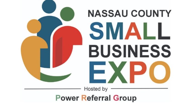 Logo for the Nassau County Small Business Expo, featuring four abstract, colorful figures and text that reads: Nassau County Small Business Expo, Hosted by Power Referral Group.