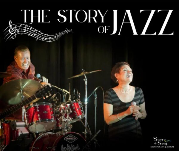 A smiling drummer and a female vocalist perform on stage under the title The Story of Jazz, with musical notes and the Story & Song Center for Arts & Culture logo in the corner.