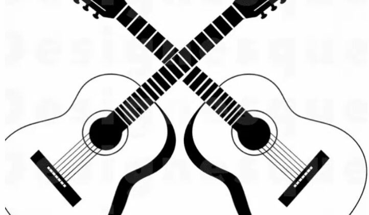 Two acoustic guitars with necks crossed in an X shape, shown in a black and white illustration.