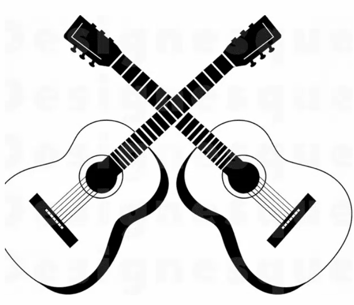 Two acoustic guitars with necks crossed in an X shape, shown in a black and white illustration.