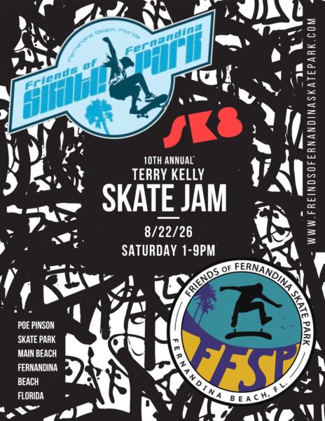 Poster for the 10th annual Terry Kelly Skate Jam on 8/22/26, 1-9PM, at Poe Pinson Skate Park, Main Beach, Fernandina Beach, FL, with skateboarding graphics and event details over an abstract black and white background.