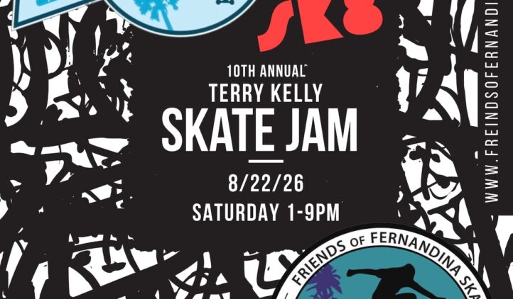 Poster for the 10th annual Terry Kelly Skate Jam on 8/22/26, 1-9PM, at Poe Pinson Skate Park, Main Beach, Fernandina Beach, FL, with skateboarding graphics and event details over an abstract black and white background.