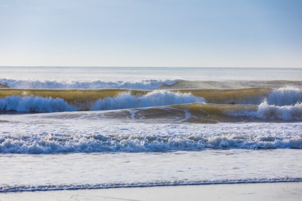 Waves roll onto a sandy beach under a clear blue sky, with sunlight reflecting off the water and white foam forming along the shoreline.