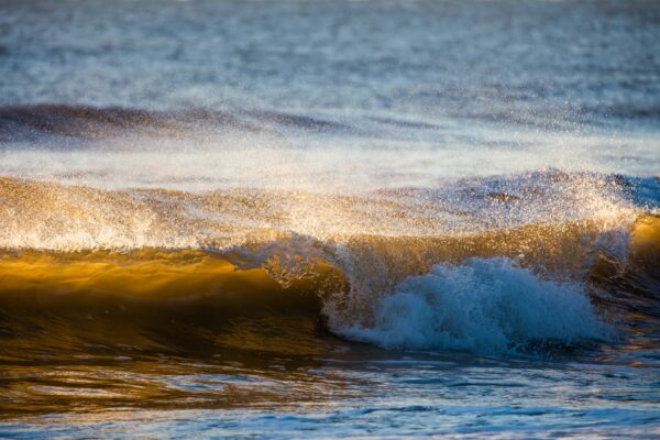 Golden sunlight illuminates ocean waves as they crash and spray, creating a dynamic and sparkling scene. The warm light contrasts with the cool blue water, capturing the energy and beauty of the sea at sunset.